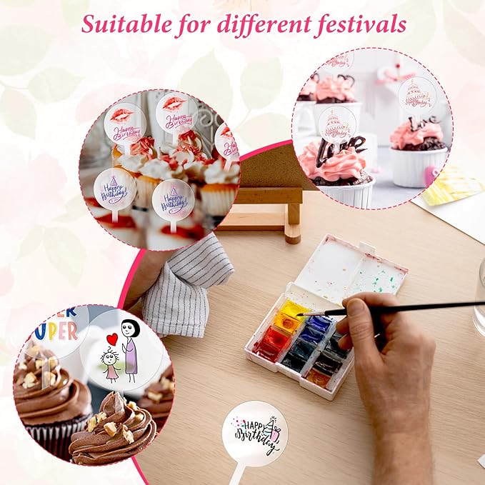 30Pcs 4 Inch Circle Acrylic Blank Custom Cupcake Topper, DIY Clear Blank Personalized Cupcake Topper for Birthday Party, Valentines, Easter, Wedding, Baby Shower Cake Decoration