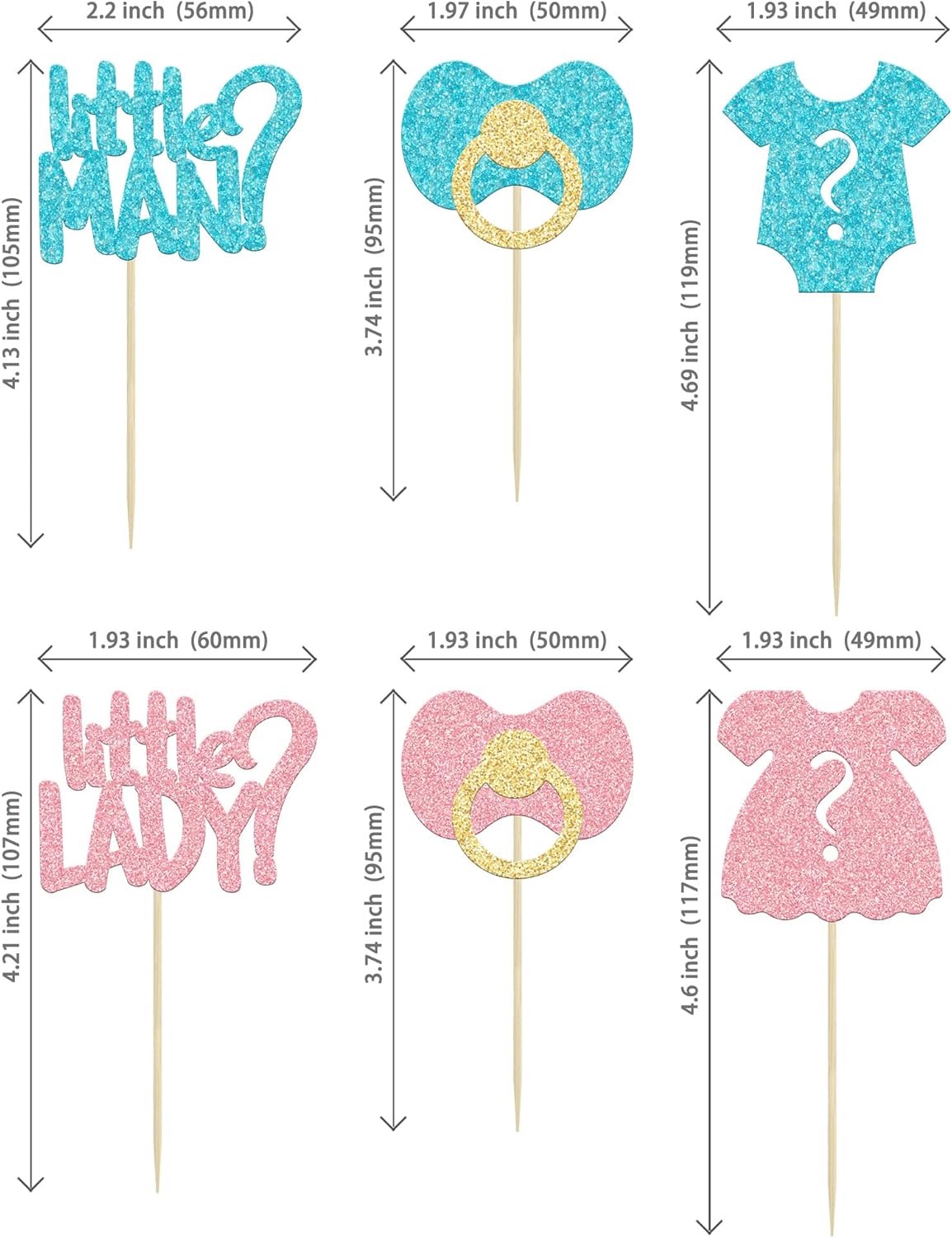24Pcs Boy or Girl Cupcake Toppers Glitter Gender Reveal Onesie Question Mark Cupcake Picks Little Man or Little Lady Baby Shower Cake Decorations for Kids Birthday Gender Reveal Party Cake Decoration