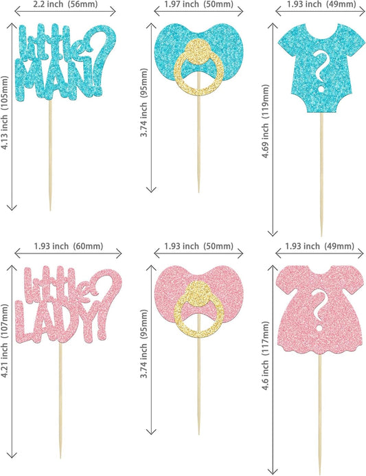 24Pcs Boy or Girl Cupcake Toppers Glitter Gender Reveal Onesie Question Mark Cupcake Picks Little Man or Little Lady Baby Shower Cake Decorations for Kids Birthday Gender Reveal Party Cake Decoration