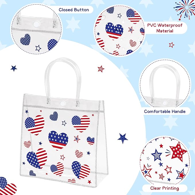 H1vojoxo Patriotic Clear Gift Bags - 24PCS 4th of July Clear PVC Gift Bags with Handles 7.9 x 3.2 x 7.9 Inches American Goodie Treat Snack Candy Gifts Bag Independence Day Memorial Day Party Favors