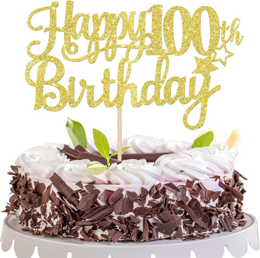1 PCS Happy 100th Birthday Cake Topper - Gold Glitter Cheers to 100 Years - Fabulous Cake Decoration for 100th Birthday Theme Party