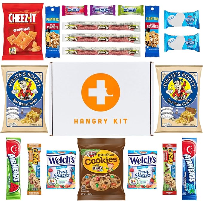 Hangry Kit Mega Care Pack (Essential Kit) - Snack Box Kit - Birthday Snack Box for Adults & Kids -- (20 count) Basket Care Package Ideal for College Students -- Contains Birthday Snacks, Cookies, Chips, Candy. Party Variety Box.