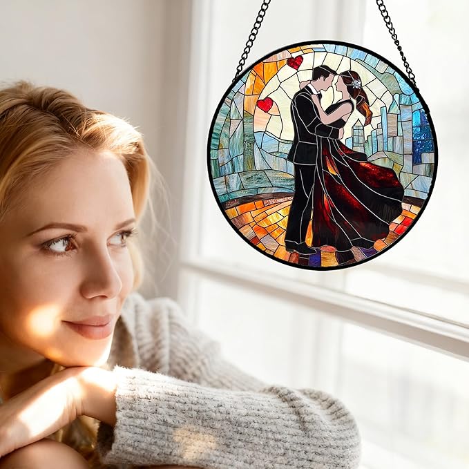 Stained Glass Window Hanging Couples Embracing Red Heart 9.8" - Suncatcher Door Garden Sun Catcher Decor Birthday Anniversary Valentines Day Gifts for Woman Wife Men Her Him Lovers