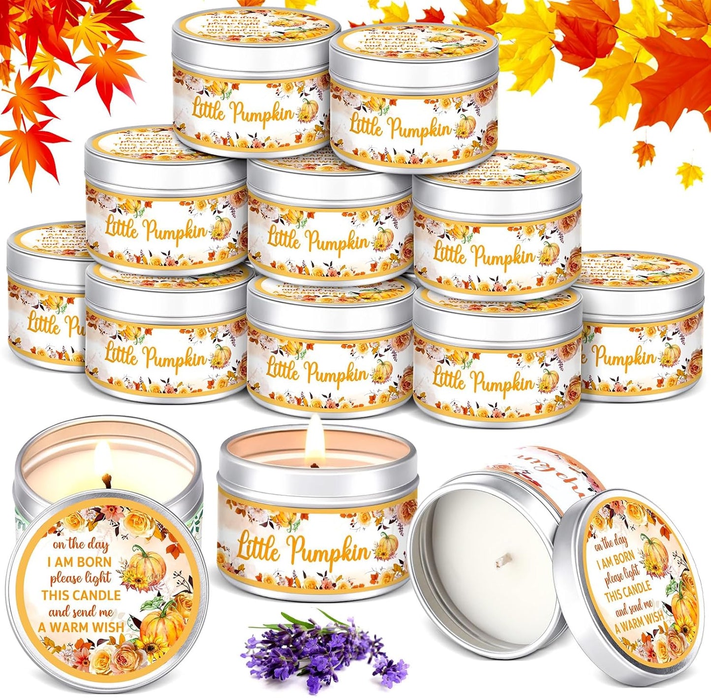 MTLEE 24 Pcs Fall Pumpkin Baby Shower Party Favors Candles Lavender Scented Baby Shower Favors for Guests Rustic Tealights Candles Gender Reveal Return Gifts Girl Boy(1.2 Oz, Yellow)