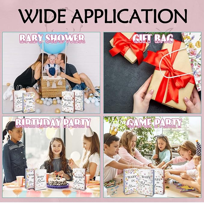 wjrsxilt 16Pcs Bloom Wildflower Gift Bag for Girls,Baby In Bloom Decorations，Gender Reveal Gift Bag，Boho Sweet Baby 1st Birthday Party Supplies, Floral Paper Gifts Bag with Handle 8.6 * 5 * 3.7inch
