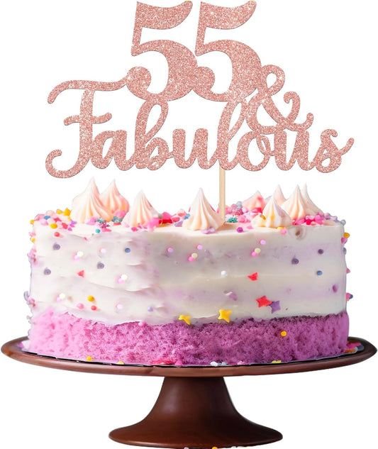 1 PCS 55 & Fabulous Cake Topper Glitter Fifty Five and Fabulous Cake Toppers Happy 55th Birthday Cake Pick for 55th Wedding Anniversary Birthday Party Cake Decorations Supplies Rose Gold