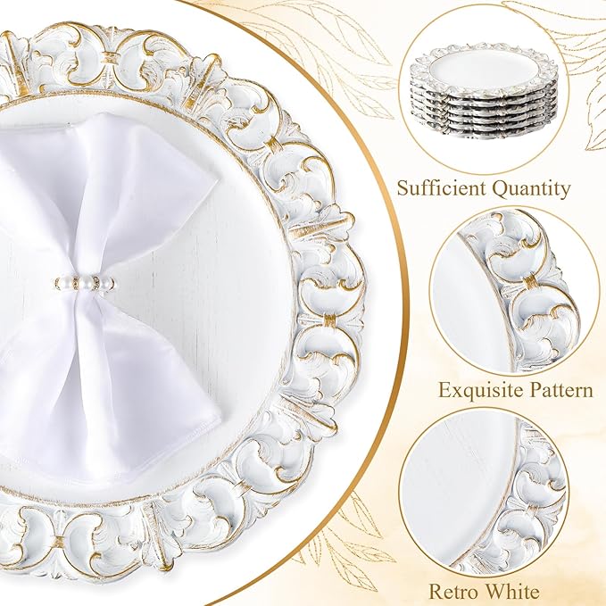 30 Pcs Antique White Charger Plates Bulk 13 Inch Embossed Rim Plastic Round Decorative Vintage Plates Charger for Dinner Wedding Party Event Table Setting Decoration (Vintage)