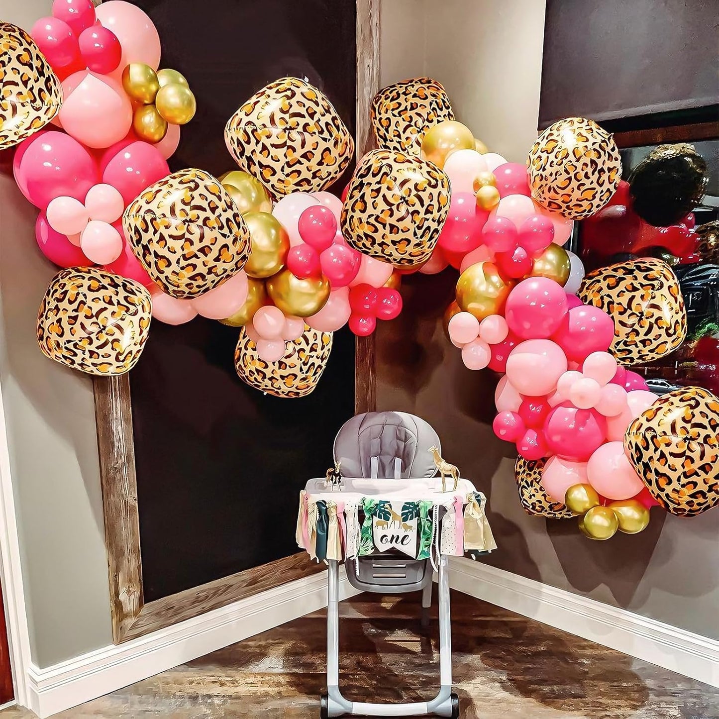 Pink Gold Cheetah Print Balloon Arch Kit, Pastel Hot Pink Chrome Gold Balloons Garland with Large Leopard Print Foil Balloons, for Baby Shower Girls Cheetah Jungle Animal Birthday Party Decorations