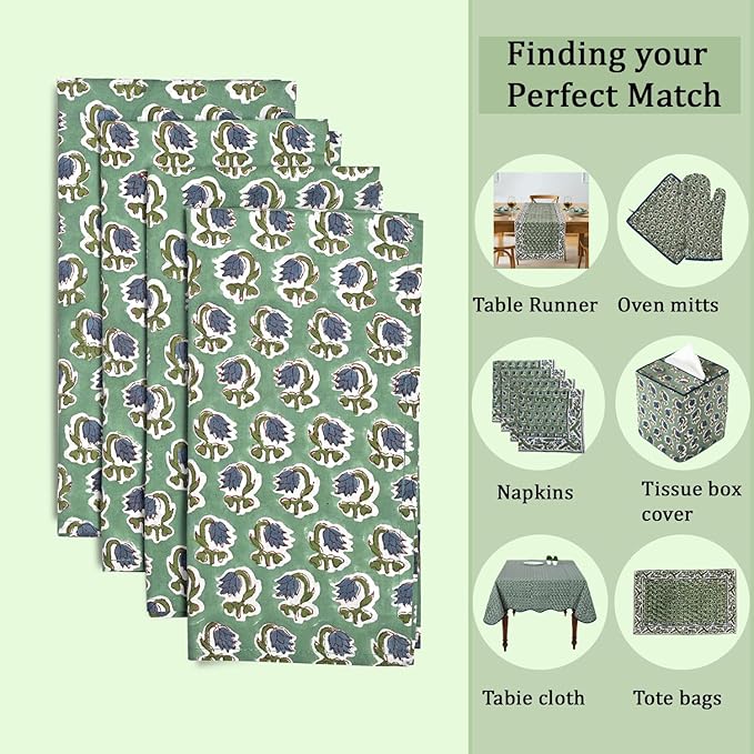 Ridhi Basil Green Hand Block Print 100% Cotton Napkins 18" x 18" (Set of 4) Reuseable Kitchen Napkins Cloth Decor Dinner Party Wedding Cocktail Gift for Spring, Easter, Valentine