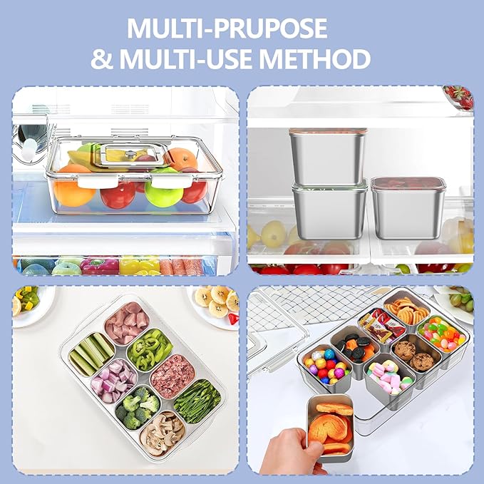 Snackle Box Container with 8 Removable Stainless Steel Containers – Clear Divided Serving Snack Tray with Lid & Handle – Leak-Proof for Wet/Dry Food – Perfect for Parties, Travel, Office