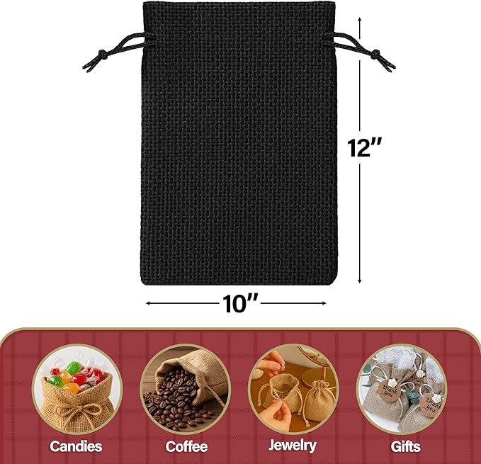 Mandala Crafts 10X12 Inch Black Burlap Drawstring Gift Bags for Favors - 20 Large Linen Sacks Gift Pouches for Candy, Coffee, Jewelry, Wedding, and Party Supplies