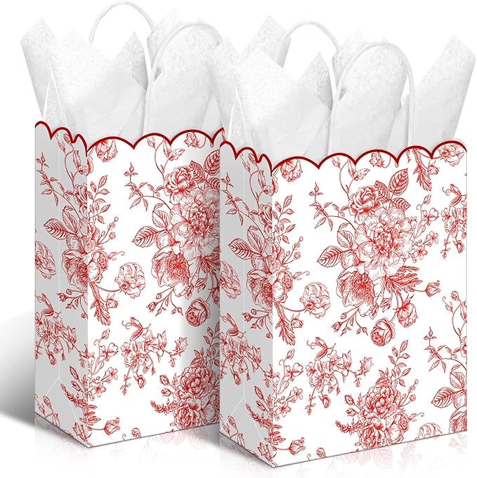 Kolldenn 24 Pcs Red Floral Party Favor Bags with Handles 10 x 5 x 13 Inch Large Scalloped Wildflower Goodie Candy Gift Treat Bags for Birthday Decoration for Bridal Baby Shower Party Supplie