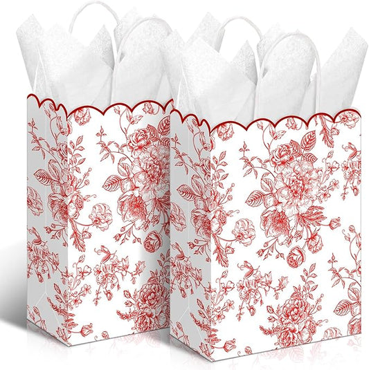 Kolldenn 24 Pcs Red Floral Party Favor Bags with Handles 10 x 5 x 13 Inch Large Scalloped Wildflower Goodie Candy Gift Treat Bags for Birthday Decoration for Bridal Baby Shower Party Supplie