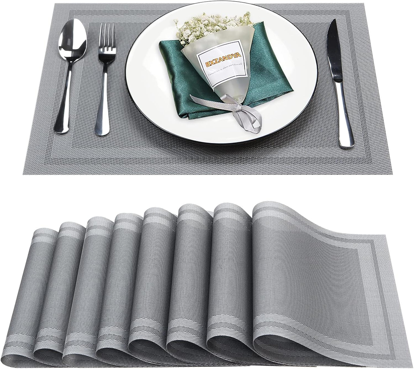 Placemats Set of 8,Washable,Heat and Stain Resistant Indoor/Outdoor Place mats,Vinyl Woven Non Slip Table Mats for Restaurant Table Protection,PVC Placemats(Gray,8PCS)