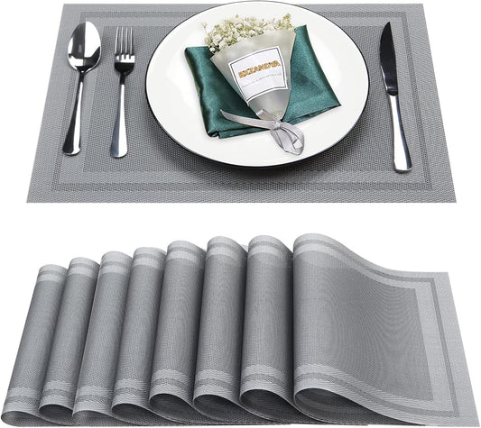 Placemats Set of 8,Washable,Heat and Stain Resistant Indoor/Outdoor Place mats,Vinyl Woven Non Slip Table Mats for Restaurant Table Protection,PVC Placemats(Gray,8PCS)
