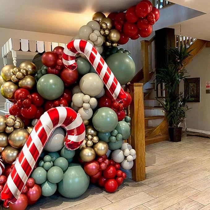Christmas Balloons Garland Arch Kit, Red Dark Green Gold Metallic Balloons Candy Cane Star Foil Mylar Balloons for Winter Xmas Merry Christmas Baby Shower Ugly Sweater Birthday Party Decorations