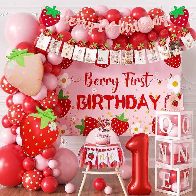 Berry Baby Girl 1st Birthday Decor, Strawberry First Birthday Decorations for Girls with Balloon Arch, Party Backdrop, High Chair Banner, Crown, Photo Banners, Cake Topper