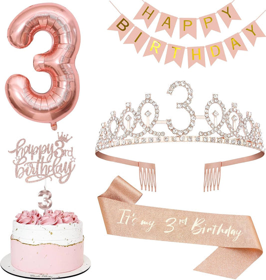 3rd Birthday Decorations for Girls, Including 3rd Tiara and Sash, Happy Birthday Banner, Cake Toppers, Number Candles and Balloons Set, Rose Gold