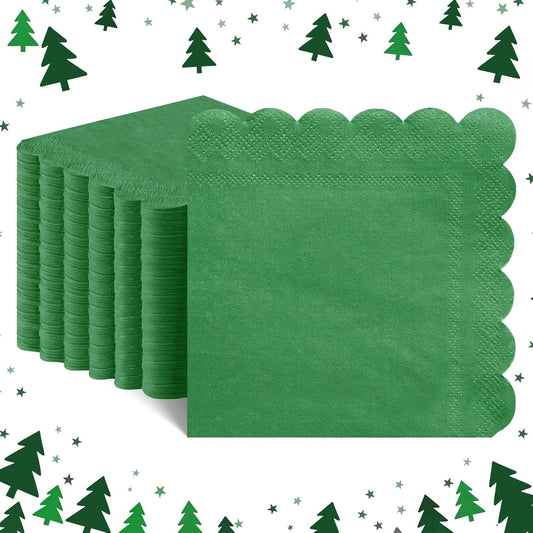 120 Pcs Green Napkins,Scalloped Christmas Napkins Green Beverage Dessert Napkin for Christmas Birthday Wedding Baby Shower, 5 x 5 Inch