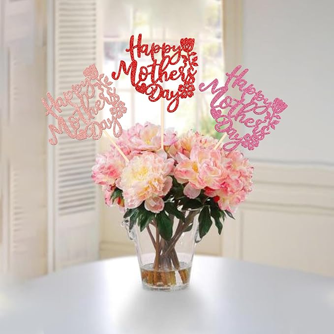12 PCS Happy Mother's Day Centerpiece Sticks Double Sided Glitter Rose Love Best Mom Centerpieces for Happy Mother's Day Theme Table Flower Decorations Women Birthday Party Supplies Multi