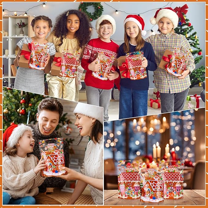 Blosssound 50 Pcs Christmas Party Gift Bags Gingerbread House Favor Bags Xmas Holiday Plastic Bags with Handle for Christmas Holiday Party Candy Guests Gift Wrapping Supplies Decor (Gingerbread House)