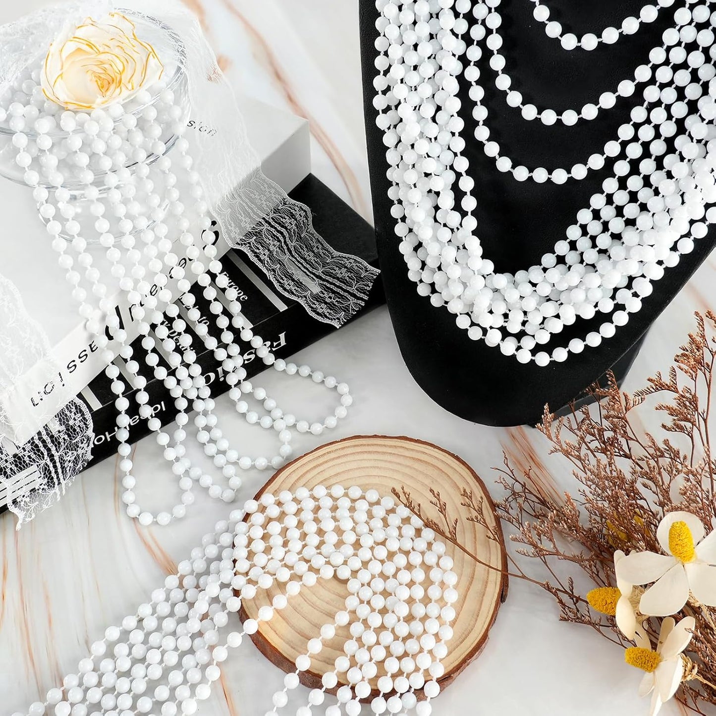 SHAOQINLIN 144 PCS White Bead Necklaces, Mardi Gras & 4th of July Party Beads, 33 Inch Round Beaded Bulk for Carnival, Christmas & Patriotic Day Favors