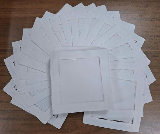 White Cocktail Napkins 6x6 Set of 50 Linen Blend Cloth Coasters, Ladder Hemstitch Beverage Party Napkin Coaster Super Value Linen Napkins Bulk 50 Pack, Fabric Linen Cocktail Napkins, Fabric Coasters