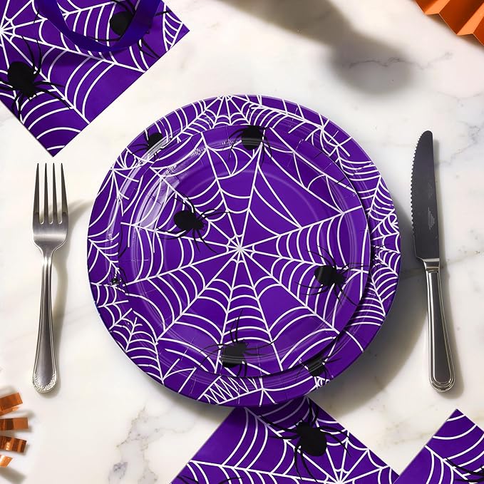 Paper Plates & Napkins, 25 Guest Disposable Party Supplies, Spider Webs and Spider Patterns Tableware Decorations Favors, 75pcs Including 9" & 7" Plates & Napkins for Halloween, Birthday, and Parties