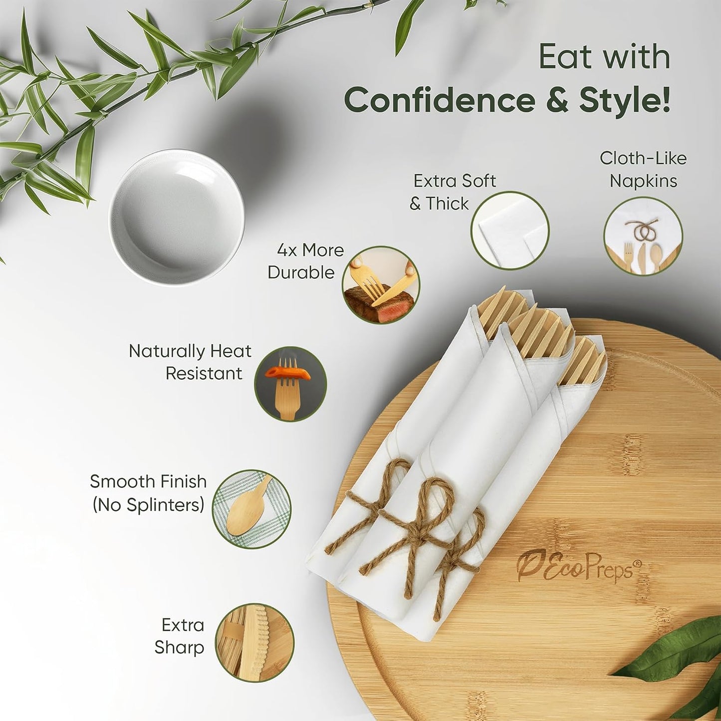 Luxury Pre-Rolled Napkin and Bamboo Cutlery Set (50 Pack, 200 PCS) 100% Biodegradable, Eco-Friendly, Disposable Wrapped Cutlery - Includes Pre-Wrapped Bamboo Forks, Knives, Spoons, & Napkins
