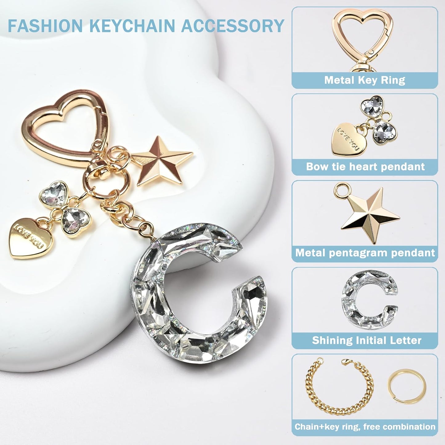 Cute Bling Keychain initial Letter Butterfly Star Pink Purple Gift for Women Girls Bag Cup Charms Accessories