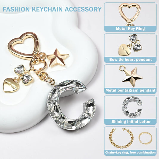 Cute Bling Keychain initial Letter Butterfly Star Pink Purple Gift for Women Girls Bag Cup Charms Accessories