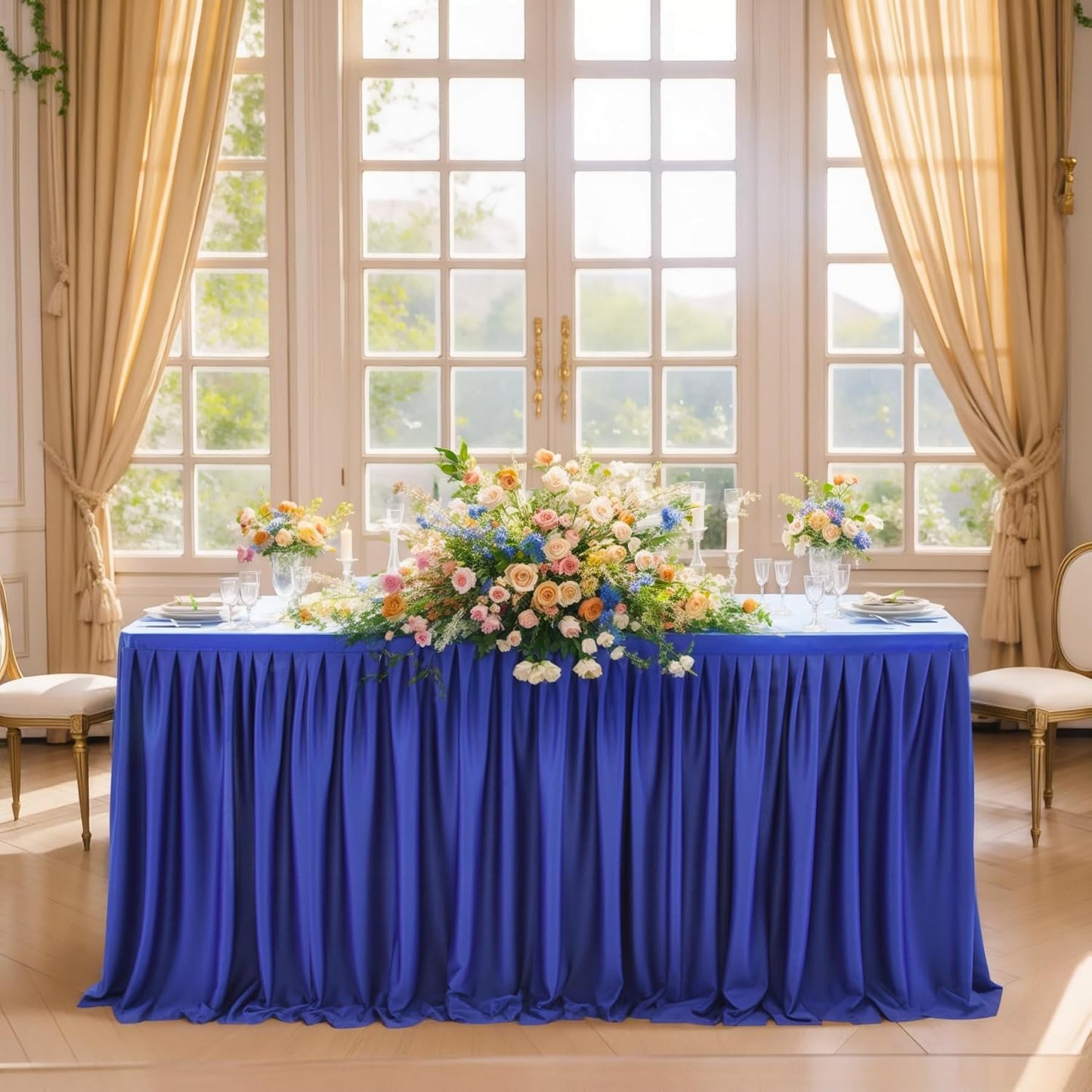 12ft Royal Blue Table Skirt Rectangle Table Polyester Pleated Table Skirt Desk Skirt for Teacher Desk Dorm Ruffle Table Skirt Wedding Birthday Party Baby Bridal Shower Banquet Table Decoration