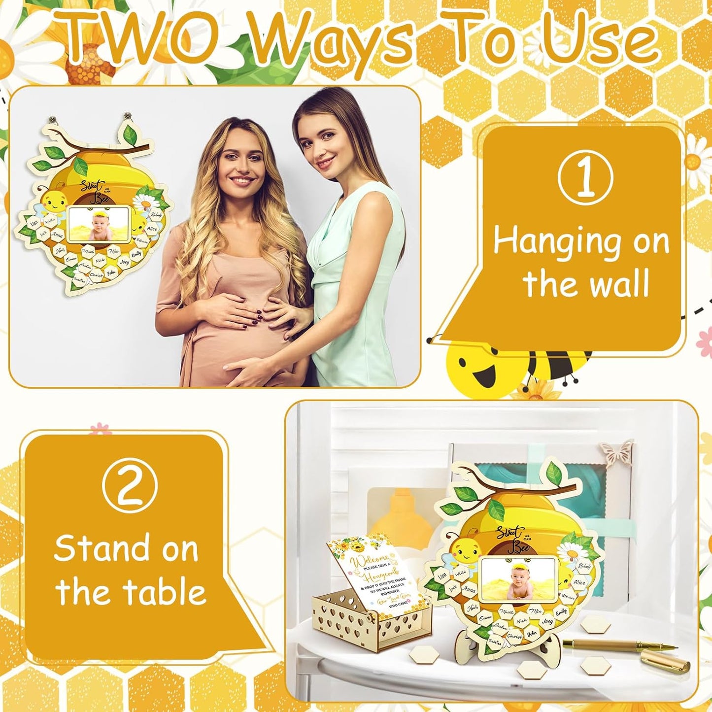 Wenqik 63 Pcs Bee Baby Shower Guest Book Alternatives Set Baby Shower Decorations with Photo Frame Sonogram Frame Keepsake 60 Wood Slices Guest Book for Birthday