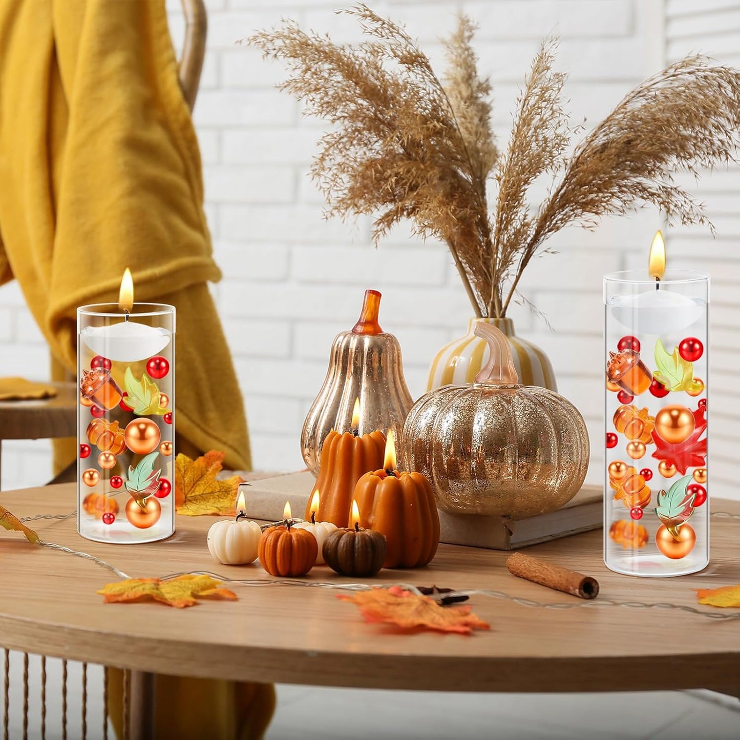 MTLEE 124 Pcs Thanksgiving Vase Filler Faux Pearl for Vase Filler with 8 White Unscented Candles for Fall Thanksgiving Home Table Party Festival Decors, Not Included Clear Beads(Mixed Leaves)
