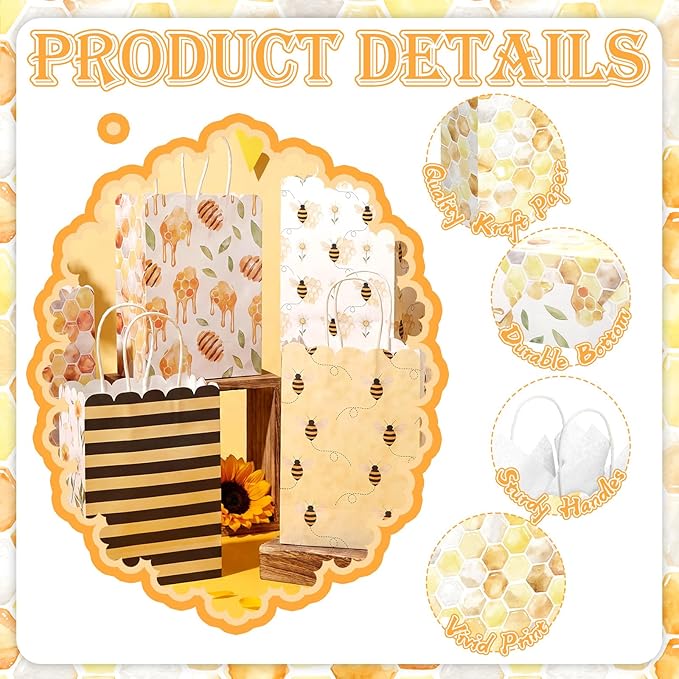 Kolldenn 24 Pcs Bee Party Gift Bags with Handles Paper Candy Treat Goodie Bags Scalloped for Birthday Decoration for Bridal Baby Shower Tea Party Supplies