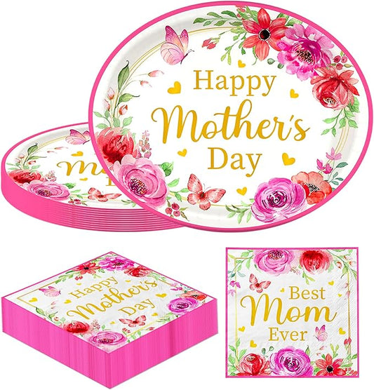 Mothers Day Party Decorations,100pcs Oval Mother's Day Plates and Napkins Floral Disposable Mother Day Tableware Set for Happy Mothers Day Party Supplies,Serve 50