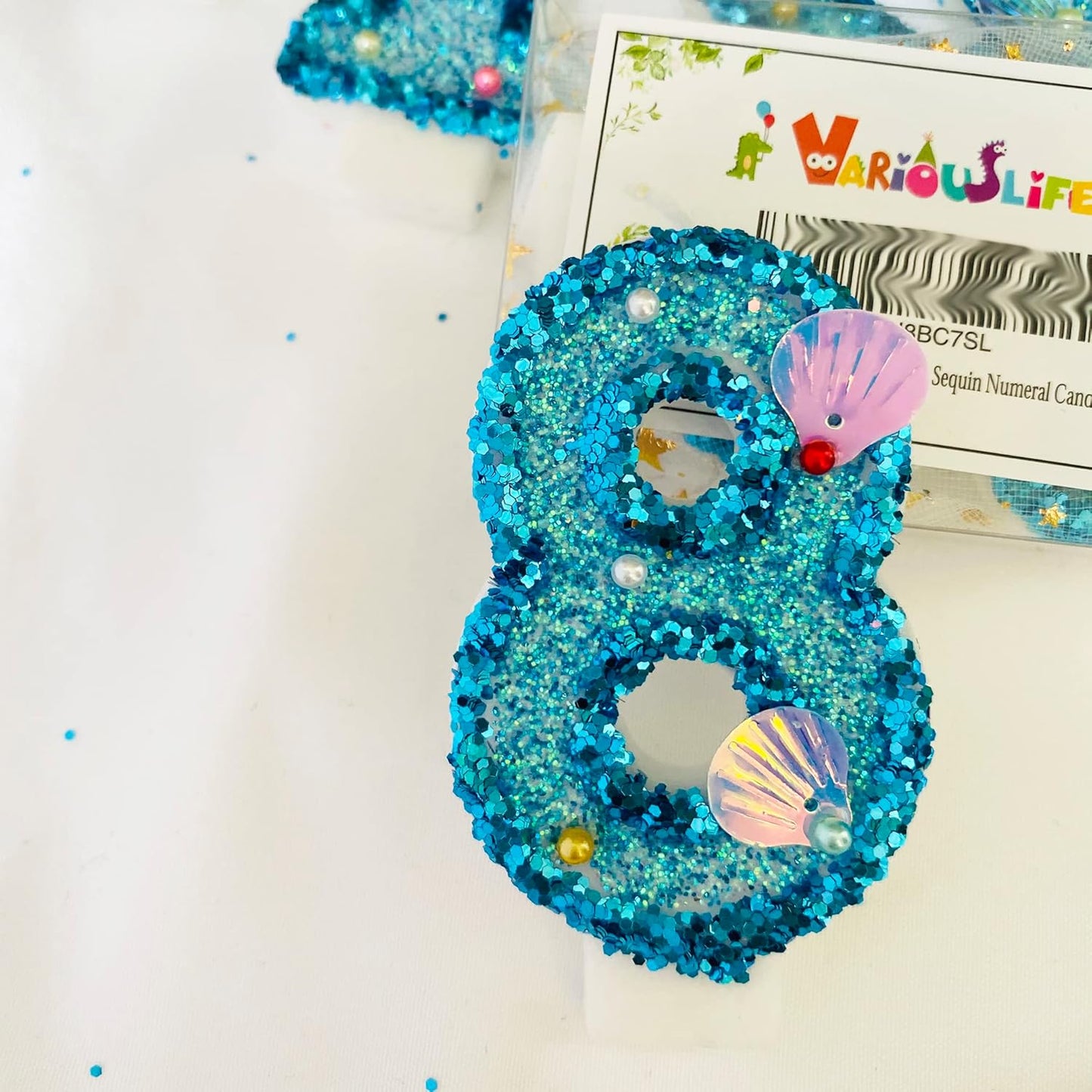 Blue Number Candle,Shell Sequins Number Candles for Birthday Cakes Mermaid Themed Party Supplies Number 8 Candle