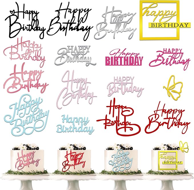 15 PCS Happy Birthday Cake Toppers Acrylic Mirror Inserts for Cakes Cupcakes Desserts 15 Styles 8 Colors