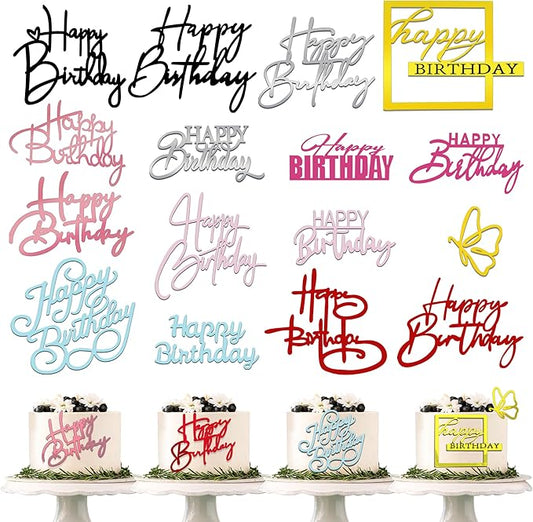 15 PCS Happy Birthday Cake Toppers Acrylic Mirror Inserts for Cakes Cupcakes Desserts 15 Styles 8 Colors