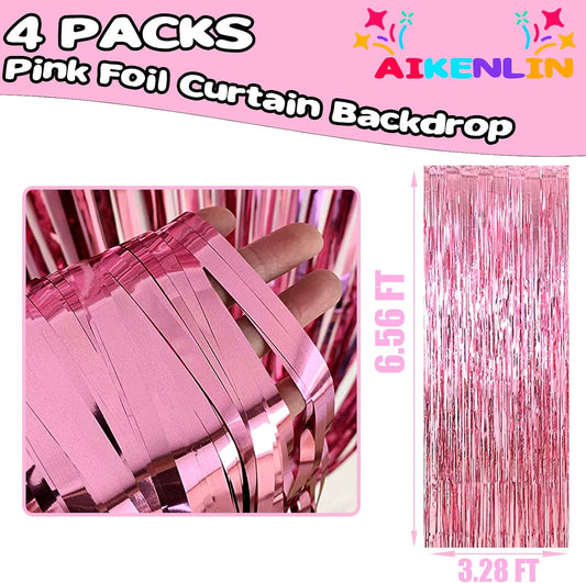 4 Pack 3.3Ft x 6.6Ft Pink Foil Fringe Curtain Backdrop, Metallic Tinsel Foil Fringe Streamers Curtains Background for Photo Booth, Birthday, Wedding, Halloween, Christmas Party Decoration