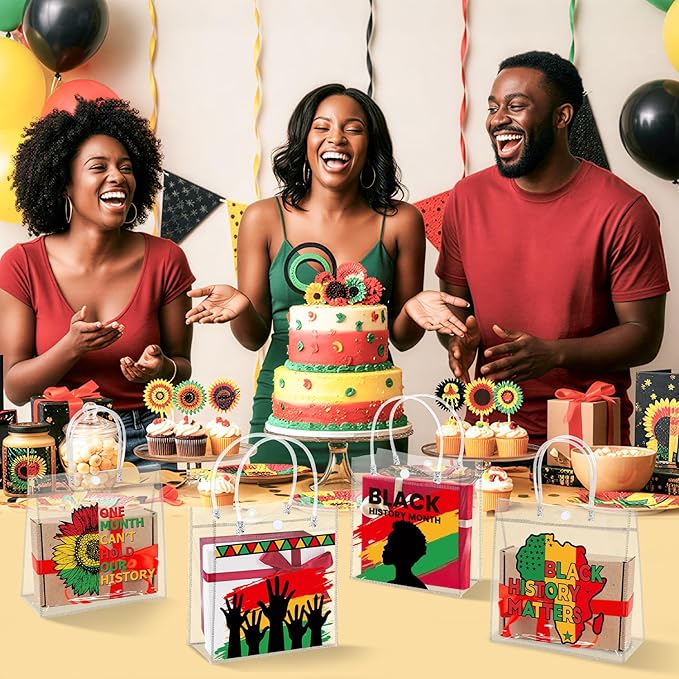 H1vojoxo Black History Gift Bags - 24PCS Black History Month Clear PVC Gift Bags With Handle for School Family Gathering Party Decorations Reusable Clear PVC Goodie Treat Bag for African Party Favors