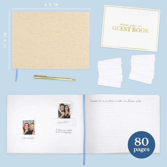 ELYN Linen Guest Book, Sign in Book for Wedding Reception, Birthday, Baby Shower & Events, Matching Gold Gel Pen, Photo Pockets & Table Sign, 80 Pages (Blank & Lined), Large, 11.5 in x 8.5 in (Pink)