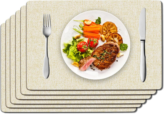 DOLOPL Placemats Set of 6, Beige Faux Leather Heat Resistant Place Mats for Dining Table, Waterproof Oilproof Wipeable Washable Table Mats, Easy to Clean Anti-Slip Tablemats for Kitchen, Party