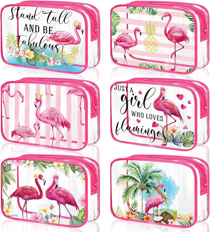 Cunno 6 Pcs Makeup Bags Gifts for Women Preppy Boho Smile Face Flamingo Clear Makeup Bags Cosmetic Transparent PVC Travel Toiletry Organizer for Birthday Party Favor(Flamingo Style)