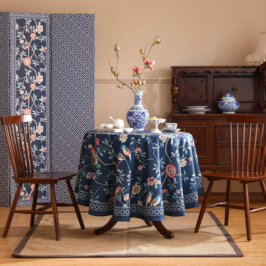 patdrea Designer Dark Blue Linen Round Tablecloth,Vintage Navy French Floral and Birds Pattern Table Cloth,Decoration Table Cover for Kitchen,Dining,Tea Party,Home,Christmas,Diameter 67"