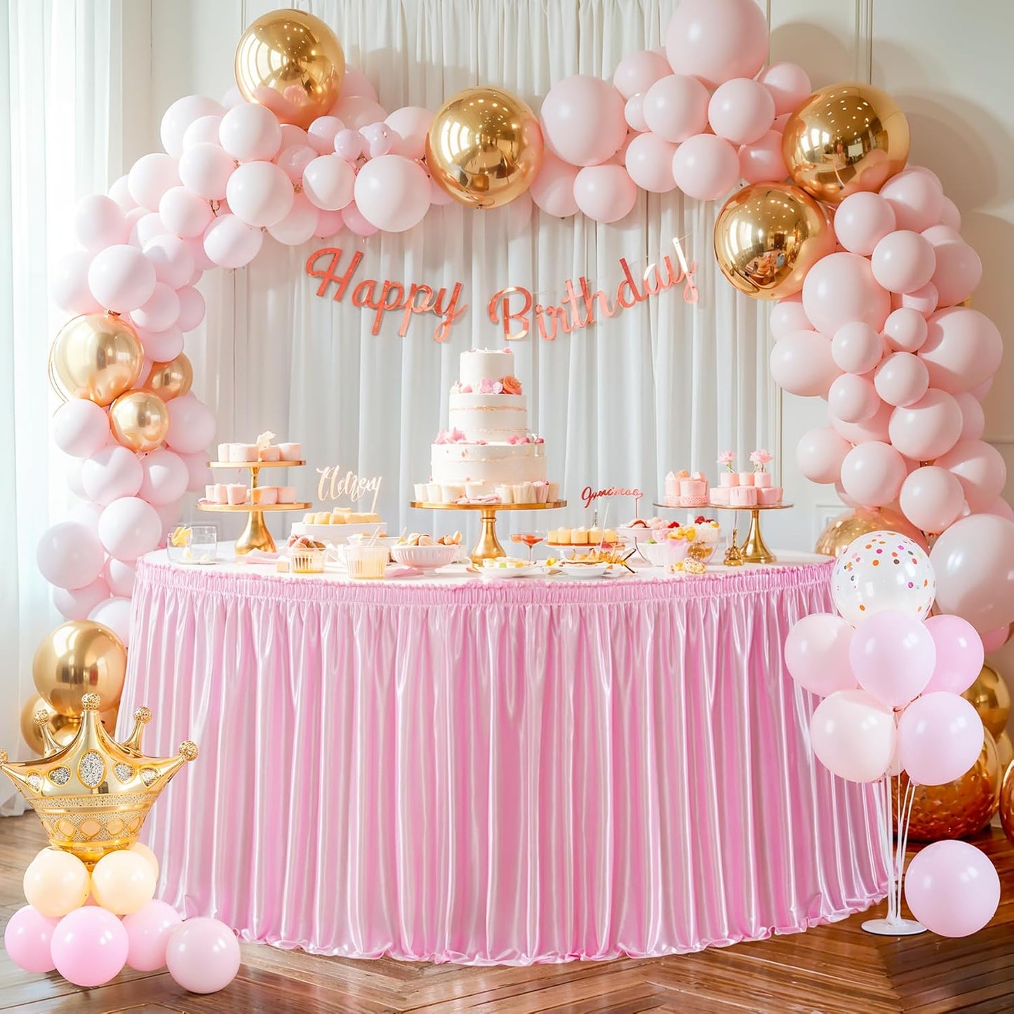 Wish Care 14ft Length Pink Satin Table Skirt for Rectangle Tables Wrinkle Free Glitter Desk Skirting Pleated Ruffle Table Cloth for Princess Girls Birthday Baby Shower Party Cake Table Decorations