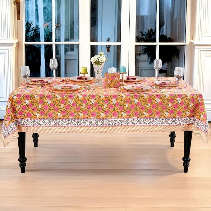 Ridhi Hand Block Print Bubblegum Pink Rectangle Cotton Tablecloth 90" x 60" Reusable Table Cover Decorative Everyday Use for Dining, Farmhouse, Home Gift for Spring, Easter, Valentine