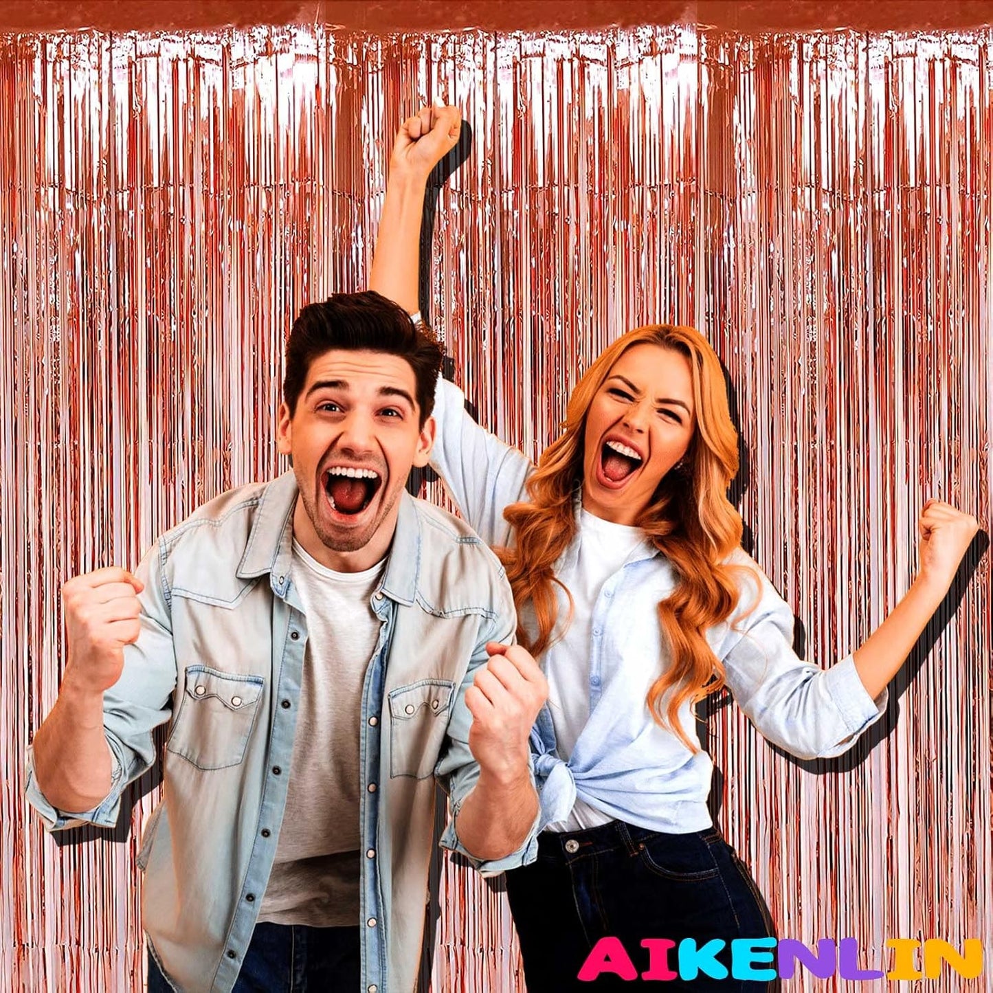 4 Pack 3.3Ft x 6.6Ft Rose Gold Foil Fringe Curtain Backdrop, Metallic Tinsel Foil Fringe Streamers Curtains Background for Photo Booth, Birthday, Wedding, Halloween, Christmas Party Decoration