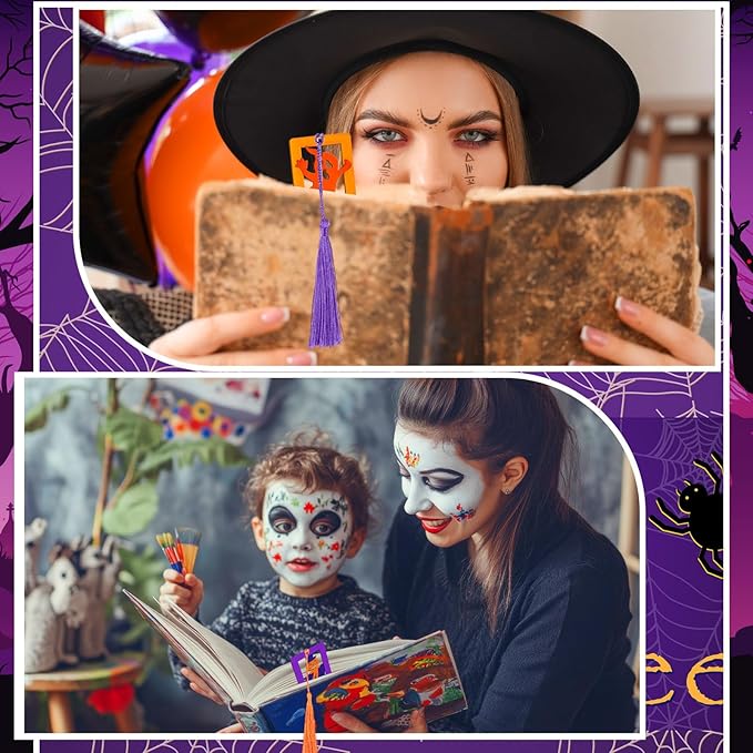 Yexiya 100 Pcs/50 Set Halloween Bookmark, DIY Wooden Bookmarks Bulk for Book Lovers, Halloween Bookmarks Decoration, Ghost Skull Witch Book Markers Art Set for Birthday Holiday Gift Art Project