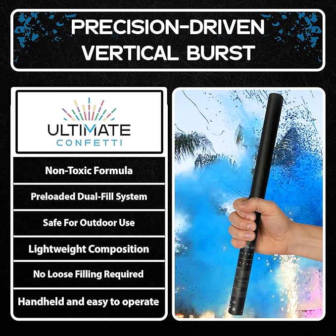 Ultimate Confetti – Handheld Gender Reveal Powder + Confetti Cannon 24” Blue – Non-Toxic Food-Grade Powder Cannon – Pre-Filled, Leak-Resistant Single-Use Cannon– 15–25 ft Outdoor Photo-Ready Explosion